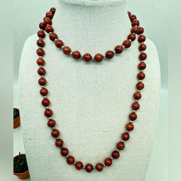 Sterling Silver Red Jasper Beaded Necklace – 30” Natural Gemstone Strand - Picture 5 of 17